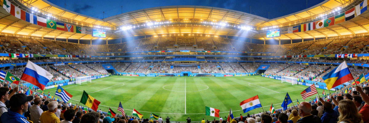 世界杯决赛体育场全景，绿茵场与看台座无虚席的壮观场景